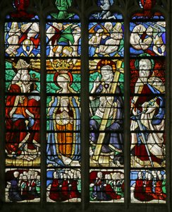 Vitrail représentant le Couronnement de la Vierge avec Saint Paul et les familles des donateurs, 1460-70 - French School